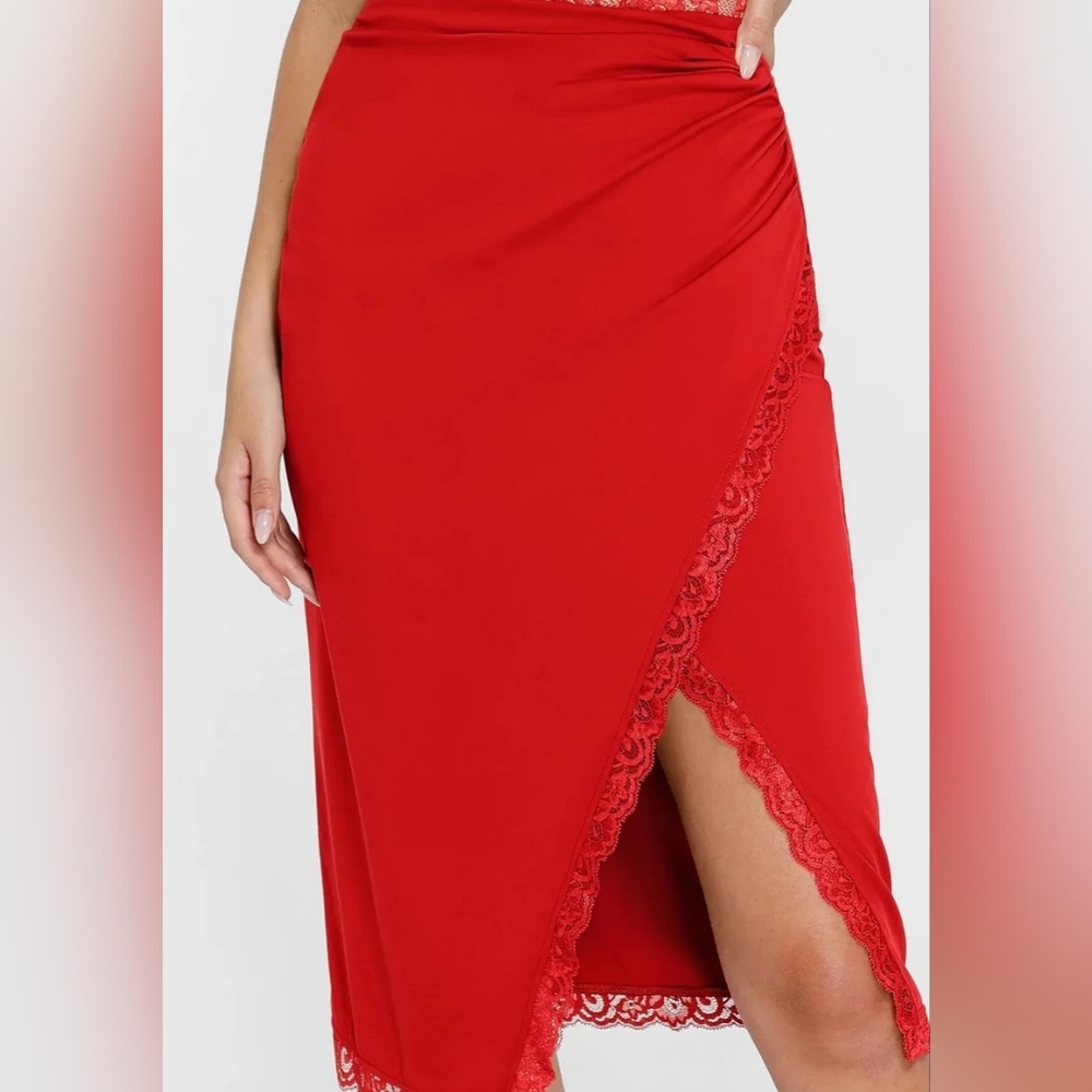 Popilush Red Lace-Trim Wrap-Style Midi Skirt